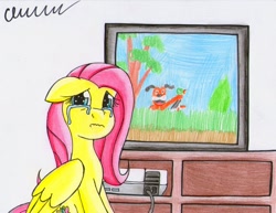 Size: 1024x792 | Tagged: safe, artist:the1king, character:fluttershy, crying, duck hunt, duck hunt dog, female, nintendo, nintendo entertainment system, op, op is fluttershy, sad, solo, television, this ended in tears, this pony needs a hug