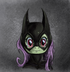 Size: 800x823 | Tagged: safe, artist:hewison, character:flutterbat, character:fluttershy, species:bat pony, species:pony, arkham knight, batgirl, batman, batmare, bust, crossover, female, looking at you, portrait, race swap, solo