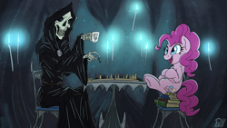 Size: 3840x2160 | Tagged: safe, artist:pirill, character:pinkie pie, newbie artist training grounds, bone, book, candle, cave, chair, chess, chess with death, clothing, competent chess player pinkie pie, cup, grim reaper, light, open mouth, playing, sitting