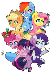 Size: 760x1051 | Tagged: safe, artist:looji, character:applejack, character:fluttershy, character:pinkie pie, character:rainbow dash, character:rarity, character:twilight sparkle, character:twilight sparkle (alicorn), species:alicorn, species:pony, apple, butterfly, food, mane six, party cannon