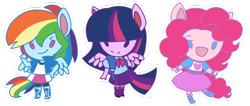 Size: 1024x436 | Tagged: safe, artist:looji, character:pinkie pie, character:rainbow dash, character:twilight sparkle, my little pony:equestria girls, chibi, ponied up, trio