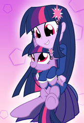 Size: 1300x1900 | Tagged: safe, artist:geraritydevillefort, character:twilight sparkle, character:twilight sparkle (alicorn), species:alicorn, species:pony, my little pony:equestria girls, clothing, crossover, cute, female, holding a pony, hug, human ponidox, monsparkle, ponidox, red eyes, self ponidox, smiling, solo, square crossover, the count of monte cristo, twiabetes, wrong eye color
