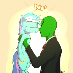 Size: 1200x1200 | Tagged: safe, artist:cheshiresdesires, character:lyra heartstrings, oc, oc:anon, species:human, species:pony, species:unicorn, boop, cute, duo, eyes closed, gradient background, holding, holding a pony, noseboop, smiling