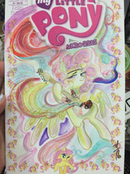 Size: 1280x1707 | Tagged: safe, artist:sararichard, character:fluttershy, female, flying, guitar, solo, traditional art