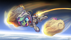 Size: 3264x1836 | Tagged: safe, artist:pirill, character:applejack, species:earth pony, species:pony, newbie artist training grounds, applejack's hat, applejack's parents, astronaut, bow tie, clothing, cowboy hat, female, floating, hat, imminent death, mare, meteor, space, space suit, wide smile