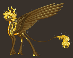 Size: 1321x1053 | Tagged: safe, artist:australian-senior, oc, oc only, oc:cosmo invictus, species:alicorn, species:dracony, species:kirin, species:pony, alternate universe, antlers, brown background, colored hooves, colored sclera, crossover, golden eyes, hybrid, kirindos, leonine tail, portal, portal (valve), portal 2, scales, simple background, solo, space core, unshorn fetlocks
