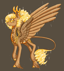 Size: 927x1027 | Tagged: safe, artist:australian-senior, oc, oc only, oc:delly invictus, species:alicorn, species:dracony, species:kirin, species:pony, alternate universe, antlers, brown background, colored hooves, colored sclera, crossover, curiosity core, golden eyes, hybrid, kirindos, leonine tail, ponified, portal, portal (valve), portal 2, scales, simple background, solo, unshorn fetlocks