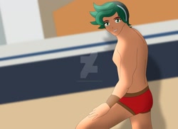 Size: 1600x1163 | Tagged: safe, artist:supermaxx92, character:timber spruce, equestria girls:legend of everfree, g4, my little pony: equestria girls, my little pony:equestria girls, clothing, male, sexy, speedo, topless, underwear, watermark