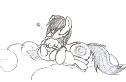Size: 698x457 | Tagged: safe, artist:rusticpony, oc, oc only, oc:rusty, cuddling, foal, monochrome, mother and daughter, snuggling, traditional art