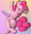Size: 1740x1900 | Tagged: safe, artist:january3rd, character:pinkie pie, character:twilight sparkle, species:earth pony, species:pony, ship:twinkie, g4, belly button, bellyrubs, blushing, boop, both cutie marks, cute, diapinkes, disembodied hoof, eyes closed, female, gradient background, lying down, mare, on back, shipping, simple background, tickling