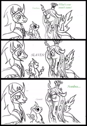 Size: 1556x2246 | Tagged: safe, artist:rossmaniteanzu, character:king sombra, character:queen chrysalis, oc, oc:tenebris, parent:king sombra, parent:queen chrysalis, parents:chrysombra, ship:chrysombra, comic, hybrid, interspecies offspring, male, mommy chrissy, monochrome, offspring, shipping, sketch, straight