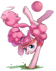 Size: 594x749 | Tagged: safe, artist:luciferamon, character:pinkie pie, species:earth pony, species:pony, episode:buckball season, g4, my little pony: friendship is magic, backbend, balancing, ball, bottomless, buckball, clothing, cutie mark, female, flexible, headband, looking at you, mare, partial nudity, simple background, smiling, solo, underhoof, white background