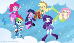 Size: 1646x973 | Tagged: safe, artist:charliexe, character:applejack, character:fluttershy, character:pinkie pie, character:rainbow dash, character:rarity, character:twilight sparkle, character:twilight sparkle (alicorn), my little pony:equestria girls, balloon, boots, bow tie, bracelet, clothing, compression shorts, cowboy boots, cowboy hat, hat, high heel boots, humane six, jewelry, looking at you, raised leg, rear view, schrödinger's pantsu, skirt, socks, sparkles, tank top, wristband