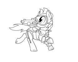Size: 900x720 | Tagged: safe, artist:moonlitbrush, character:doctor whooves, character:time turner, newbie artist training grounds, clothing, cosplay, costume, crossover, goggles, male, monochrome, overwatch, solo, tracer