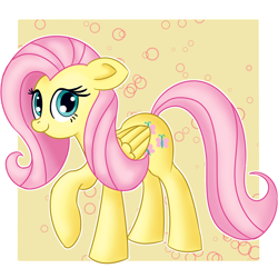 Size: 1800x1800 | Tagged: safe, artist:atmosseven, character:fluttershy, abstract background, cute, female, floppy ears, folded wings, looking at you, raised hoof, shyabetes, solo, standing