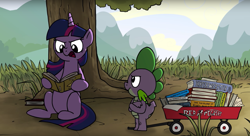 Size: 1438x784 | Tagged: safe, artist:petirep, character:spike, character:twilight sparkle, book, grass, rainbow dash presents, reading, tree, wagon