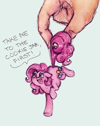 Size: 651x818 | Tagged: safe, artist:buttersprinkle, character:pinkie pie, species:earth pony, species:human, species:pony, cute, dialogue, diapinkes, female, floppy ears, hand, in goliath's palm, looking up, mare, micro, open mouth, size difference, smiling, tail, tail pull, text, tiny, tiny ponies, traditional art