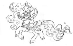 Size: 900x573 | Tagged: safe, artist:lauren faust, character:rarity, species:pony, species:unicorn, behind the scenes, bridle, color me, concept art, female, flower, flower in hair, flower in tail, grayscale, lineart, mare, monochrome, saddle, simple background, sketch, solo, traditional art, what could have been, white background