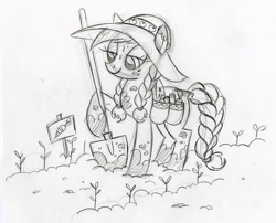 Size: 900x726 | Tagged: safe, artist:lauren faust, character:applejack, species:earth pony, species:pony, alternate hairstyle, behind the scenes, braid, braided tail, clothing, color me, concept art, female, gardening, hat, lineart, mare, monochrome, shovel, sketch, solo, sweat
