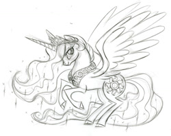 Size: 900x714 | Tagged: safe, artist:lauren faust, character:princess celestia, species:alicorn, species:pony, behind the scenes, cloven hooves, color me, concept art, female, lineart, mare, monochrome, rearing, sketch, solo, spread wings, wings