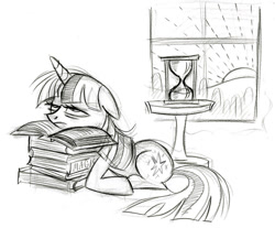Size: 900x746 | Tagged: safe, artist:lauren faust, character:twilight sparkle, species:pony, species:unicorn, bags under eyes, behind the scenes, book, color me, concept art, dawn, female, floppy ears, hourglass, lineart, mare, morning ponies, prone, sketch, solo, tired, window