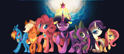 Size: 4636x2016 | Tagged: safe, artist:zelc-face, character:applejack, character:fluttershy, character:pinkie pie, character:rainbow dash, character:rarity, character:spike, character:twilight sparkle, applejack's hat, clothing, cowboy hat, element of generosity, element of honesty, element of kindness, element of laughter, element of loyalty, element of magic, elements of harmony, hat, mane seven, mane six