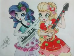 Size: 1921x1456 | Tagged: safe, artist:jack-pie, character:applejack, character:rarity, equestria girls:legend of everfree, g4, my little pony: equestria girls, my little pony:equestria girls, bass guitar, clothing, crystal gala, dress, freckles, keytar, musical instrument, open mouth, playing, signature, singing, traditional art
