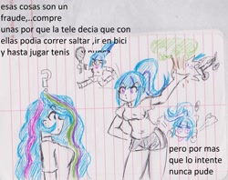 Size: 2342x1851 | Tagged: safe, artist:orochivanus, character:princess celestia, character:principal celestia, character:sonata dusk, my little pony:equestria girls, ball, clothing, crash, lined paper, shorts, spanish, t-shirt, tampon, tennis racket, traditional art, translated in the comments