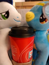 Size: 768x1024 | Tagged: safe, artist:onlyfactory, character:soarin', character:spitfire, species:pony, ship:soarinfire, 7 eleven, 7-eleven, bootleg, coffee, date, irl, lidded eyes, male, photo, plushie, seven eleven, shipping, straight