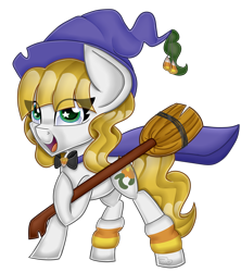 Size: 4000x4500 | Tagged: safe, artist:partylikeanartist, oc, oc only, oc:candy witch, bow tie, broom, candy, candy corn, cape, clothing, costume, flying, flying broomstick, food, halloween, hat, leg warmers, simple background, solo, transparent background, witch, witch hat