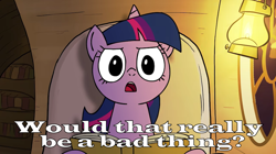 Size: 900x503 | Tagged: safe, artist:petirep, character:twilight sparkle, fanfic:the star in yellow, book, dialogue, female, image macro, lantern, library, meme, open mouth, rainbow dash presents, reaction image, solo, window