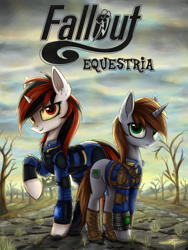 Size: 2000x2666 | Tagged: safe, artist:setharu, oc, oc only, oc:blackjack, oc:littlepip, species:pony, species:unicorn, fallout equestria, fallout equestria: project horizons, avatar, clothing, day, dead tree, detailed, ear fluff, fanfic, fanfic art, female, fluffy, hooves, horn, looking at you, mare, neck fluff, pipbuck, small horn, smiling, text, tree, uniform, vault security armor, vault suit, wasteland