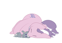 Size: 1280x886 | Tagged: safe, artist:nom-sympony, character:diamond tiara, character:silver spoon, species:earth pony, species:pony, cute, diamondbetes, dock, doll, eyes closed, fat, female, filly, foal, obese, plushie, simple background, sleeping, solo, toy, white background