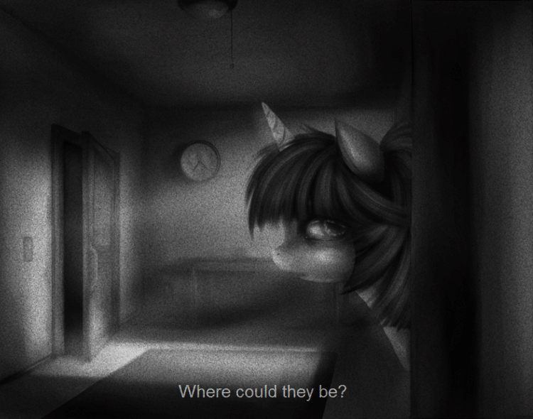 Size: 750x590 | Tagged: safe, artist:ventious, oc, oc only, oc:lumi, species:pony, species:unicorn, animated, clock, diary of lumi, door, film grain, gif, grayscale, indoors, lamp, monochrome, solo, static