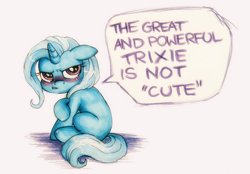 Size: 1328x922 | Tagged: safe, artist:buttersprinkle, character:trixie, species:pony, species:unicorn, angry, blatant lies, blushing, cute, dialogue, diatrixes, female, floppy ears, frown, glare, great and powerful, grumpy, i'm not cute, looking at you, looking back, mare, simple background, sitting, solo, speech bubble, third person, traditional art, tsundere, tsunderixie