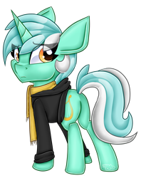 Size: 3174x4000 | Tagged: safe, artist:partylikeanartist, character:lyra heartstrings, species:pony, species:unicorn, fanfic:background pony, absurd resolution, clothing, cute, dig the swell hoodie, fanfic, fanfic art, female, hoodie, jacket, looking back, lyrabetes, rear view, sad, scarf, simple background, solo, transparent background, turning, wingding eyes