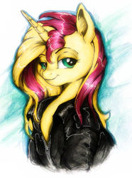 Size: 747x1003 | Tagged: safe, artist:buttersprinkle, character:sunset shimmer, species:pony, species:unicorn, bust, clothing, cute, ear fluff, female, jacket, leather jacket, lidded eyes, looking at you, mare, portrait, shimmerbetes, simple background, smiling, smugset shimmer, solo, traditional art, white background, zipper