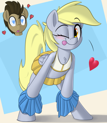 Size: 1740x2000 | Tagged: safe, artist:january3rd, character:derpy hooves, character:doctor whooves, character:time turner, species:pegasus, species:pony, ship:doctorderpy, blushing, bra on pony, cheerleader, chest fluff, clothing, cute, derpabetes, female, heart, heart eyes, male, mare, midriff, one eye closed, pom pom, shipping, skirt, sports bra, straight, wingding eyes, wink