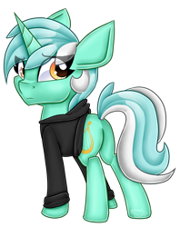 Size: 3174x4000 | Tagged: safe, artist:partylikeanartist, character:lyra heartstrings, species:pony, species:unicorn, fanfic:background pony, absurd resolution, clothing, cute, dig the swell hoodie, fanfic, fanfic art, female, hoodie, jacket, looking back, lyrabetes, rear view, sad, simple background, solo, transparent background, turning, wingding eyes