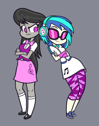 Size: 1178x1500 | Tagged: safe, artist:khuzang, character:dj pon-3, character:octavia melody, character:vinyl scratch, my little pony:equestria girls, clothing, crossed arms, duo, empty eyes, frown, gray background, headphones, leggings, mary janes, no catchlights, no pupils, shoes, simple background, skirt, smiling, sneakers, socks, sunglasses