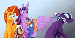 Size: 3298x1672 | Tagged: safe, artist:vindhov, character:sunburst, character:twilight sparkle, character:twilight sparkle (alicorn), oc, oc:inkwell, oc:love letter, oc:marigold twinkle, parent:flash sentry, parent:prince rutherford, parent:sunburst, parent:twilight sparkle, parents:flashlight, parents:twiburst, parents:twiford, species:alicorn, species:earth pony, species:pony, species:unicorn, ship:twiburst, blaze (coat marking), curved horn, family, female, filly, foal, hair over one eye, half-siblings, hidden eyes, hybrid, male, mare, offspring, shipping, snip (coat marking), stallion, straight, yakony