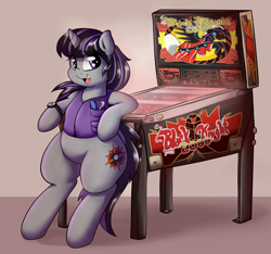 Size: 1280x1200 | Tagged: safe, artist:graphene, oc, oc only, oc:magna-save, species:pony, bipedal, bipedal leaning, cute, looking at you, open mouth, pinball, pinball machine, solo