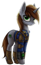 Size: 1063x1693 | Tagged: safe, artist:setharu, oc, oc only, oc:littlepip, species:pony, species:unicorn, fallout equestria, fanfic, fanfic art, female, hooves, horn, looking at you, mare, pipbuck, simple background, solo, transparent background, vault suit