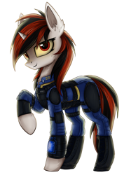 Size: 1423x1900 | Tagged: safe, artist:setharu, oc, oc only, oc:blackjack, species:pony, species:unicorn, fallout equestria, fallout equestria: project horizons, cheek fluff, chest fluff, ear fluff, fallout, female, horn, looking at you, mare, raised hoof, simple background, small horn, smiling, smirk, solo, transparent background, vault security armor, vault suit