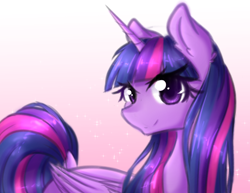 Size: 1280x989 | Tagged: safe, artist:fluffymaiden, character:twilight sparkle, character:twilight sparkle (alicorn), species:alicorn, species:pony, colored pupils, cute, dock, ear fluff, female, gradient background, looking at you, pink background, simple background, smiling, solo, sparkles, twiabetes