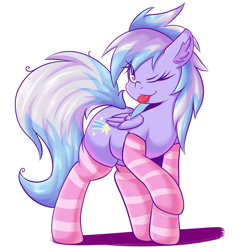 Size: 4500x4668 | Tagged: safe, artist:graphene, character:cloudchaser, species:pegasus, species:pony, g4, absurd resolution, blep, clothing, cute, cutechaser, ear fluff, female, mare, one eye closed, socks, solo, striped socks, tongue out, wink