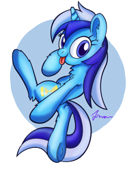 Size: 1800x2200 | Tagged: safe, artist:atmosseven, character:minuette, chest fluff, cute, ear fluff, female, looking at you, solo, tongue out, underhoof