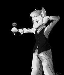 Size: 1200x1400 | Tagged: safe, artist:cheshiresdesires, species:pony, bipedal, clothing, david bowie, grayscale, microphone, monochrome, ponified, solo