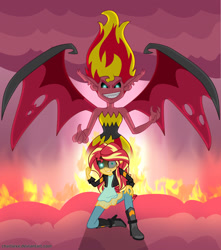 Size: 1670x1887 | Tagged: safe, artist:charliexe, character:sunset satan, character:sunset shimmer, g4, my little pony:equestria girls, badass, dark sky, demon, fire, glowing eyes, pose, possessed, rageset shimmer, sunset satan