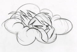 Size: 900x611 | Tagged: safe, artist:lauren faust, character:firefly, character:rainbow dash, species:pegasus, species:pony, behind the scenes, black and white, cloud, color me, concept art, female, grayscale, hooves, lying on a cloud, mare, monochrome, on a cloud, prone, solo, spread wings, wings